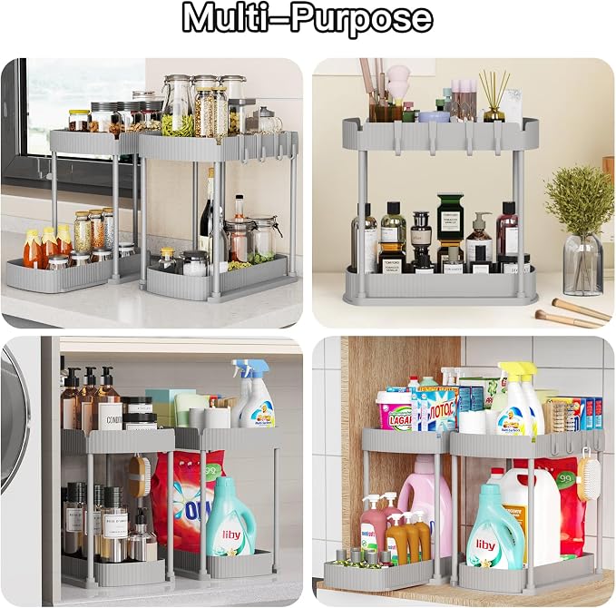 Ukeetap 2 Pack Multi-Purpose Pull-Out Storage Organizers, Under Sink Organizers and Storage for Bathroom & Kitchen, Under Cabinet Organizers and storage, 12.8 Inch, Grey