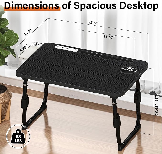 Lap Desk for Bed, Adjustable Laptop Desk with USB Charging Port, Storage Drawer & Bookshelf — Foldable Bed Desk for WFH & Students, 23.6" Desktop Fits 17" Laptop, Non-Slip, Black
