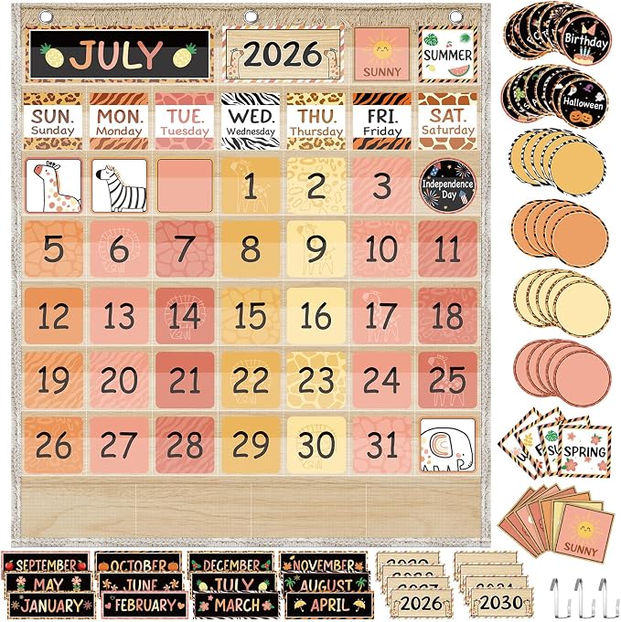 Sinload Classroom Calendar Pocket Chart Set Calendar Bulletin Board Set Seasons Festival Weather Pocket Chart for Classroom Decoration Back to School Supplies(We Belong,Wood Color)