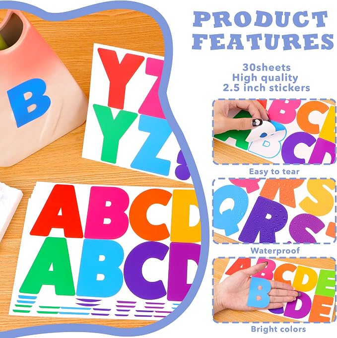 30 Sheets Letter Stickers 300 Pcs Large Bulletin Board Letters Set for Boho Classroom Decor,Vinyl Self Adhesive Alphabet ABC Stickers for Poster Board Mailbox Craft Home Decor (2.5 Inch,Bright Color)