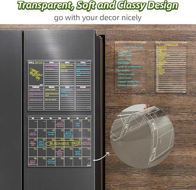JJPRO Non Magnetic Dry Erase Calendar for Fridge-Reusable Monthly&Weekly Planning Board, List and Blank Board for All Smooth Surfaces. Clear Reusable Board Sticks to Fridge,Wall,Door&Glass