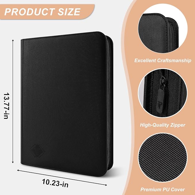 TiopLior Zip MTG Card Binder with 432 Side Loading Pocket - fits TCG Baseball Football Sports Cards - Easy to Insert Collection Binder - Black
