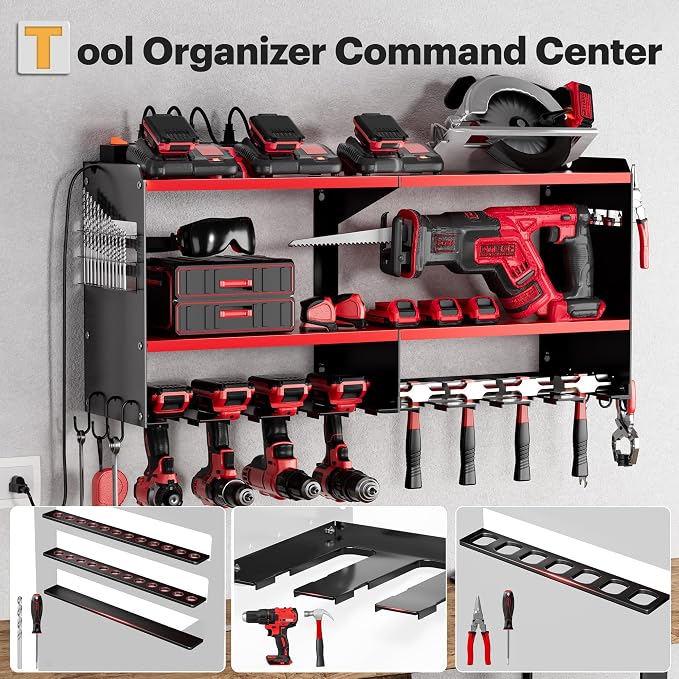 Spampur Power Tool Organizer Wall Mount with Charging Station | Maximum 420lbs Load by Heavy Duty Metal, 8 Slots for Cordless Drill, Tool Battery Holder with 6 Outlet Power Strip