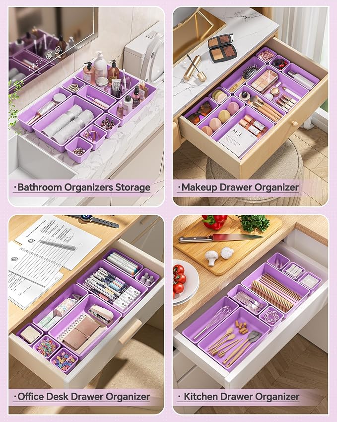 KEMETHY 25 PCS Plastic Drawer Organizers Set, 4 Sizes Vanity Organizer, Makeup and Desk Drawer Organizer Trays, Organization and Storage for Makeup, Bathroom, Kitchen Utensils and Office (Purple)