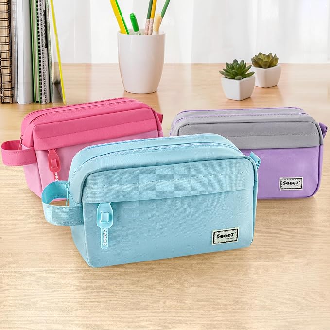 Sooez Original High Capacity Pencil Case, Big Pencil Bag Pouch Box Organizer Pen Case, Aesthetic Supply for Girls Adults, Portable Journaling Supplies with Easy Grip Handle & Loop, Blue