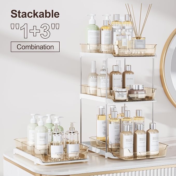 Delamu 2-Tier Multi-Purpose Bathroom Under Sink Organizers and Storage, Stackable Kitchen Pantry Organization, Pull Out Medicine Cabinet Organizer with Movable Dividers, Amber, 4 Pack