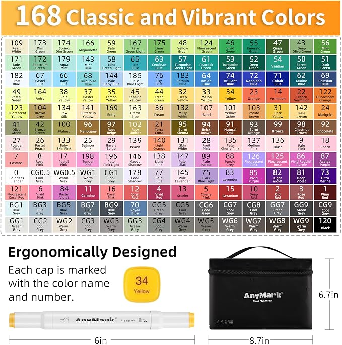 AnyMark Alcohol Markers Brush Tip, 168+1 Colors Dual Tip Brush & Chisel Alcohol-Based Art Markers Set with Case for Adult Artists Drawing Coloring