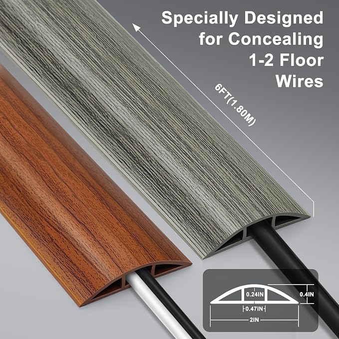6FT Cord Covers, Walnut Wood Floor Cable Management - Protects Cords, Cavity: 0.47" x 0.24"