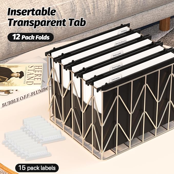 Shutex Extra Capacity Plastic Hanging File Folders,12 Pack Reinforced Hang Folders Letter Size,Accordian Pocket,Heavy Duty 2 Inch Expansion,Hard Hanging Folder Organizer for Office Home,Black