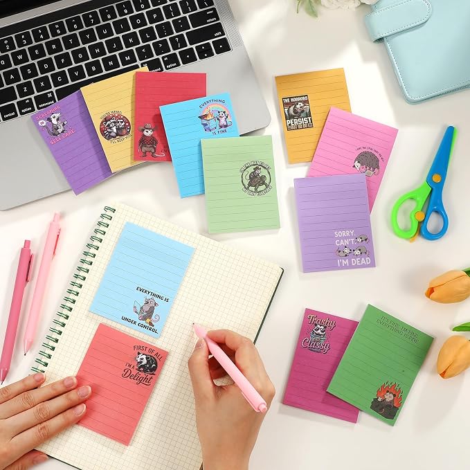 12 Pcs Funny Sticky Notes for Work 4x3 Inches Sarcastic Self Adhesive Notepads Novelty Memo Pads for Office Coworker Gifts Employee Appreciation Supplies(Opossum-Lines,Multi Color)