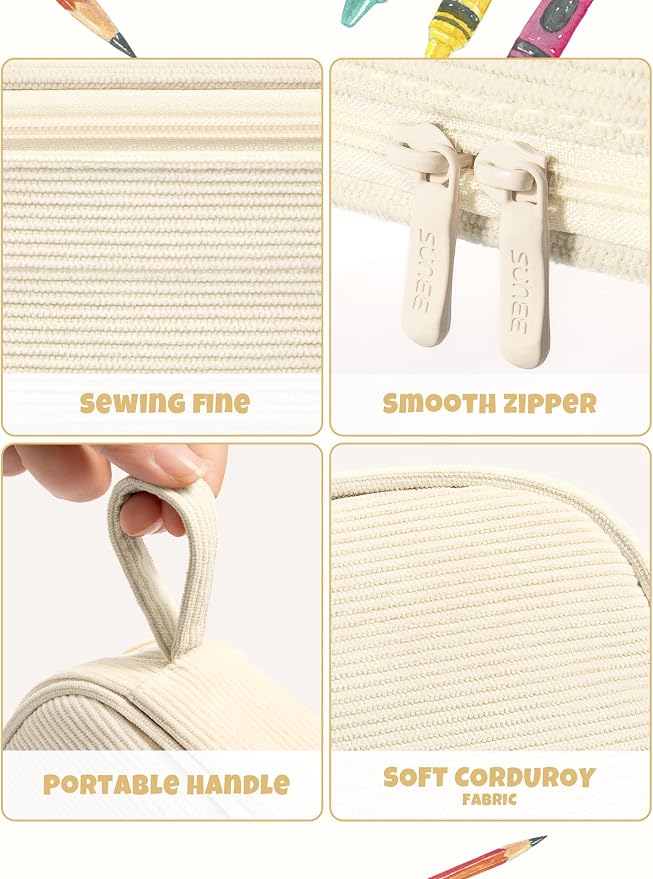 SUNEE Cute Pencil Case, Large Pencil Pouch, Aesthetic Big Pencil Bag with Zipper, Kawaii Stationery Storage and Organizer, School Supplies for Teen and Adult, Boys&Girls, Soft Corduroy Warm Beige