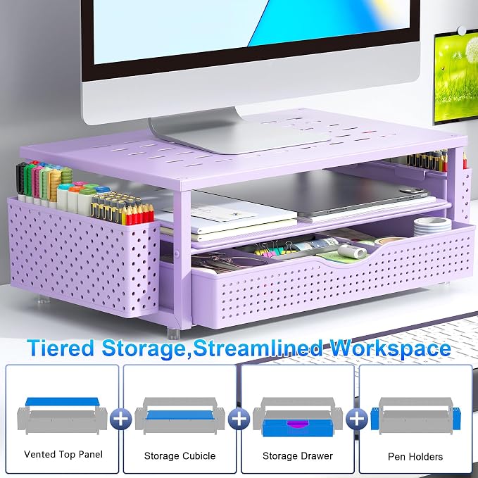 gianotter Desk Organizers and Accessories, Monitor Stand with Drawer and 2 Pen Holder, Purple Desk Accessories, Computer Stand Suitable for Offices and Dormitories (Purple)