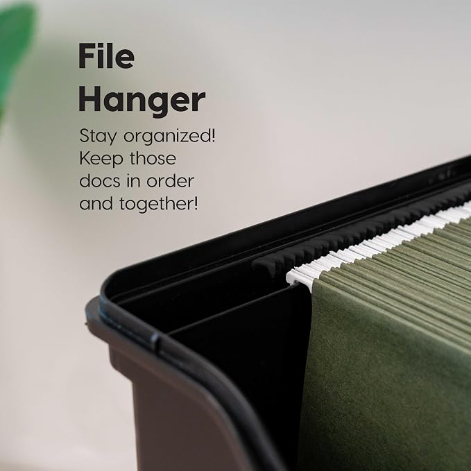 IRIS USA Portable File Box With Handle, Slim w/Organizer Lid, Plastic File Organizer Box for Letter Files, Hanging Filing Folder Organizer, Lockable, Secure Buckle, Black