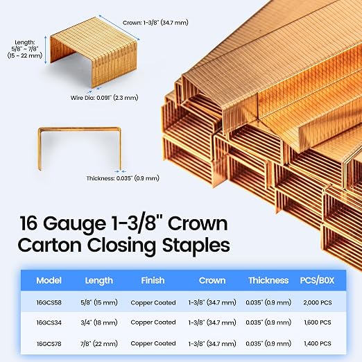 meite Carton Closing Staples 1-3/8" Wide Crown 5/8" Leg 2,000PCS x 10 Boxes | Copper-Coated 16 Gauge Carton Staples for Pneumatic or Manual Box Stapler Gun - Cardboard Closer Packaging