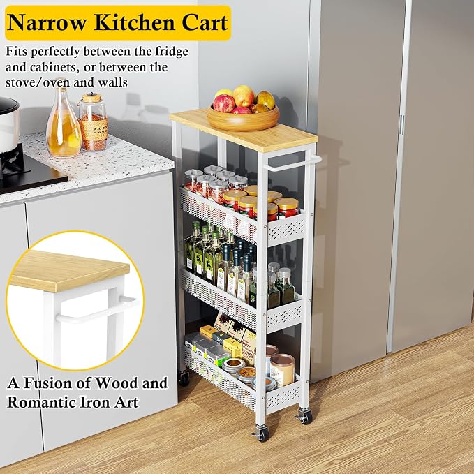 OKZEST Utility Slim Storage Cart, 4 Tier Small Rolling Kitchen Laundry Room Cart with Wood Top, Metal Narrow Bathroom Storage Cabinet Mobile Shelf Unit Organizer Trolley with Handle for Narrow Space