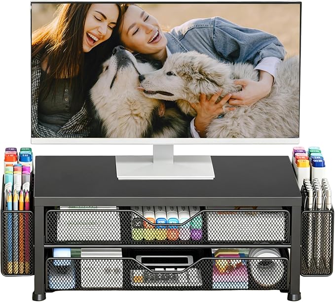 OPNICE Desk Organizer and Accessories, 2-Tier Computer Monitor Stand Riser with Drawer and 2 Pen Holders, Laptop Stand, Office Desk Accessories for Office Supplies, Black-2D