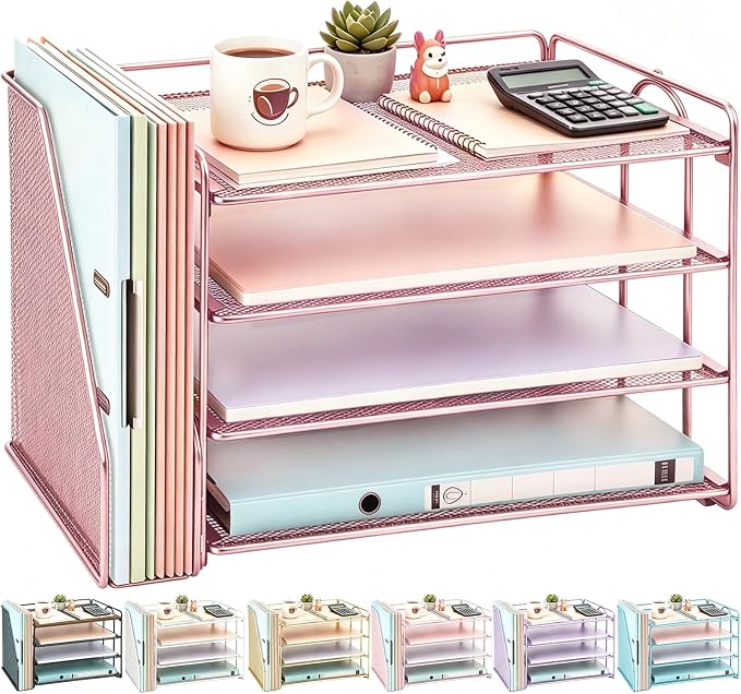 gianotter 4-Tier Paper Organizer With Magazine Holder, Desk Organizers and Accessories, Desk Accessories & Workspace Organizers, File Organizer for Office Supplies Storag (Rose Gold, 4-Tier)