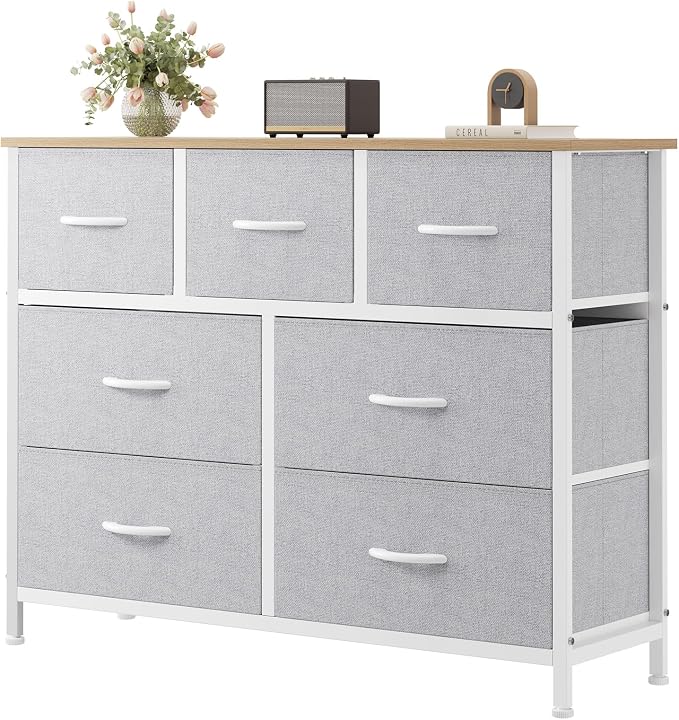 Sweetcrispy 7 Drawer Dresser with Fabric Bins, Fabric Storage Tower Organizer for Bedroom, Closet, Hallway, Entryway, Tall Chest of Drawers with Steel Frame, Wood Top, Light Grey