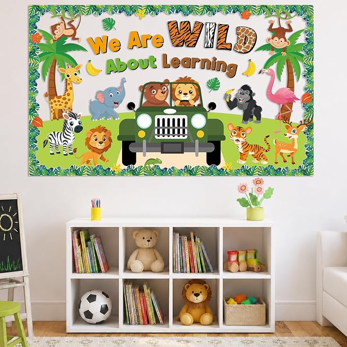 Jungle Animals Bulletin Board Set Safari Jungle Classroom Decorations We are Wild About Learning Monkey Elephant Lion Truck Wild Paper Cutouts for Summer Back to School Chalkboard Window Wall Decor