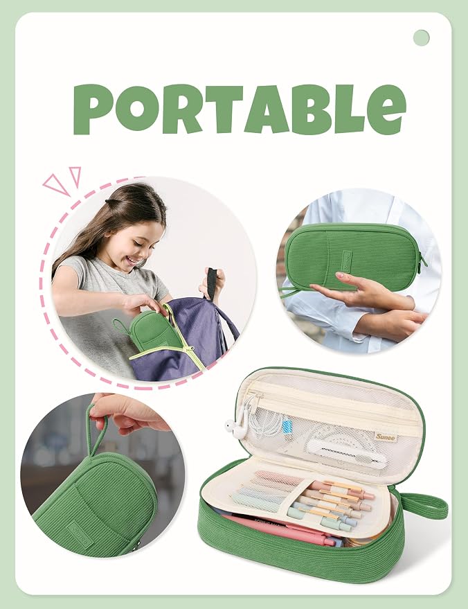 SUNEE Cute Pencil Case, Large Pencil Pouch, Soft Corduroy Fabric Big Pencil Bag with Zipper, Kawaii Pen Bag Stationery Storage and Organizer, School Supplies for Teen, Student, Boys, Girls, Soft Green