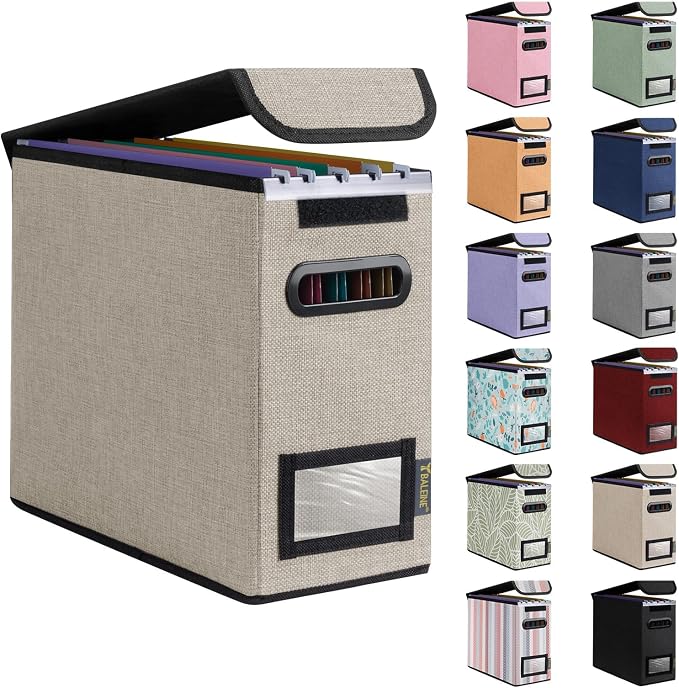 BALEINE File Organizer Box with Lid, Collapsible File Folder Organizer with Plastic Slide, Hanging File Folder Box for Office Document Storage (1 Pack, Beige, S)