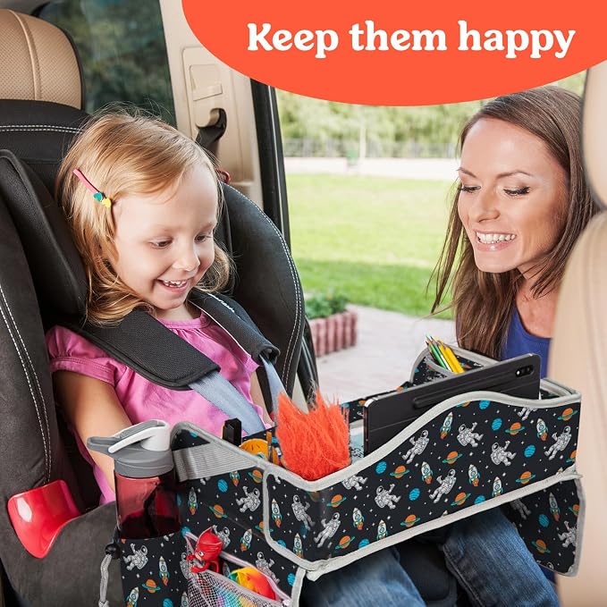 PILLANI Kids Travel Tray for Car - Car Seat Tray for Toddler, Roadtrip Essentials, Carseat Table Tray for Kids Road Trip Activities - Toddler Lap Desk Organizer for Airplane w/Dry Erase Surface