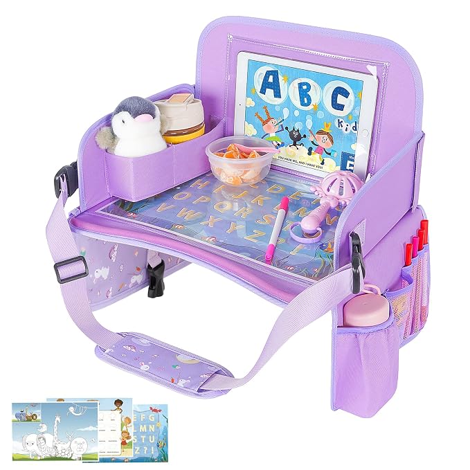 MENZOKE Kids Travel Tray for Toddler Car Seat, Toddler Gift for Girl Activities with Dry Erase Board & iPad Holder Stand, Road Trip Essentials Accessories Lap Tray for Girl as Birthday Gift, Purple