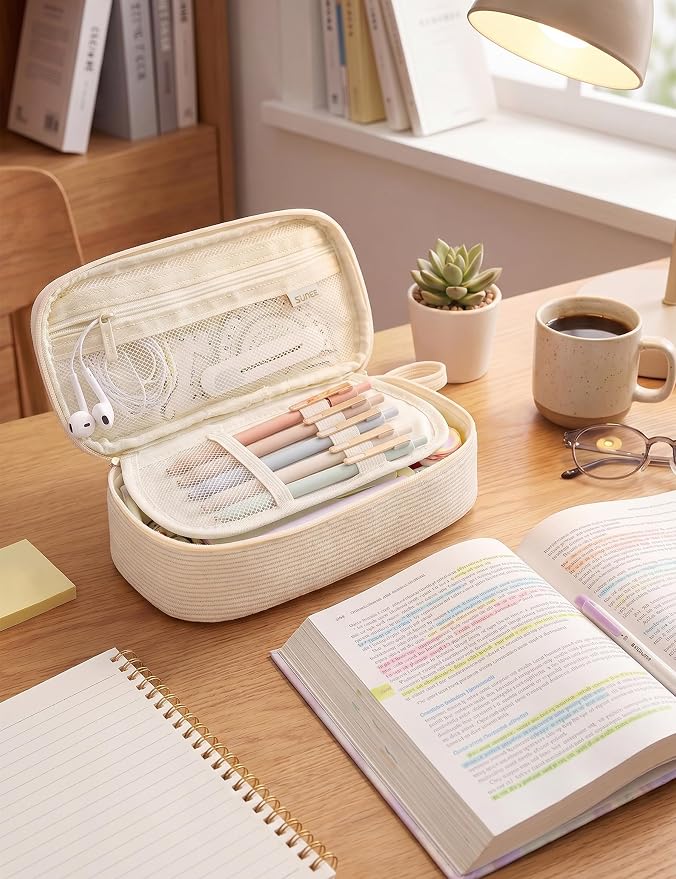 SUNEE Cute Pencil Case, Large Pencil Pouch, Aesthetic Big Pencil Bag with Zipper, Kawaii Stationery Storage and Organizer, School Supplies for Teen and Adult, Boys&Girls, Soft Corduroy Warm Beige