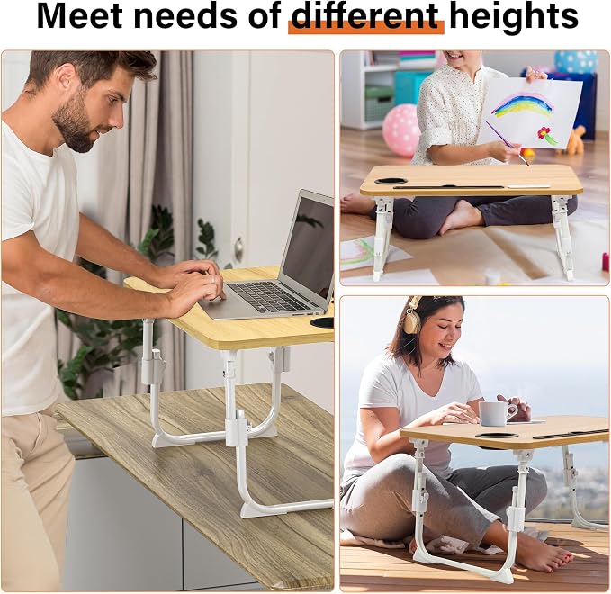 Lap Desk for Bed, Adjustable Laptop Desk with USB Charging Port, Storage Drawer & Bookshelf — Foldable Bed Desk for WFH & Students, 23.6" Desktop Fits 22" Laptop, Non-Slip, Wood