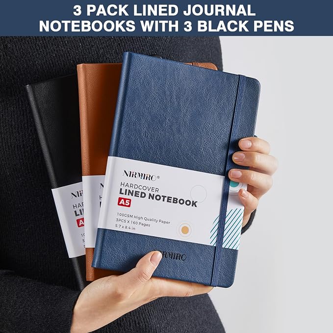 Lined Journal Notebook, with Pen, Leather Hardcover, A5 (5.7"x8.4"), 3 Pack, for Women Men, Work, Writing, Travel
