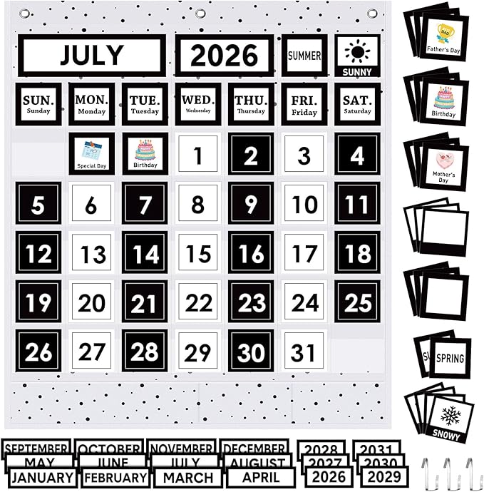 Sinload Classroom Calendar Pocket Chart Set Calendar Bulletin Board Set Seasons Festival Weather Pocket Chart for Classroom Decoration Back to School Supplies (Black White,Modern Farmhouse)