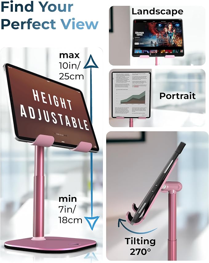 COOPER TabHolder, 7-10" Height Adjustable Tablet Stand, Premium iPad Stand for Desk, 270° Tilt iPad Holder, Kindle Holder, 15.6-17" Portable Monitor Support, (Lavender Pink)