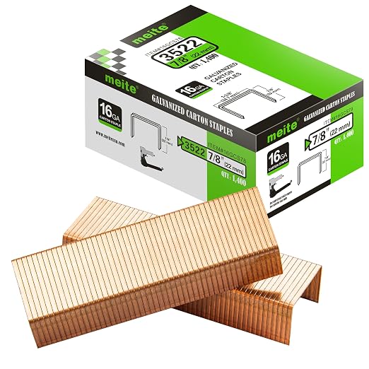meite Carton Closing Staples 1-3/8" Wide Crown 7/8" Leg 1,400PCS x 2 Boxes | Copper-Coated 16 Gauge Carton Staples for Pneumatic or Manual Box Stapler Gun - Cardboard Closer Packaging