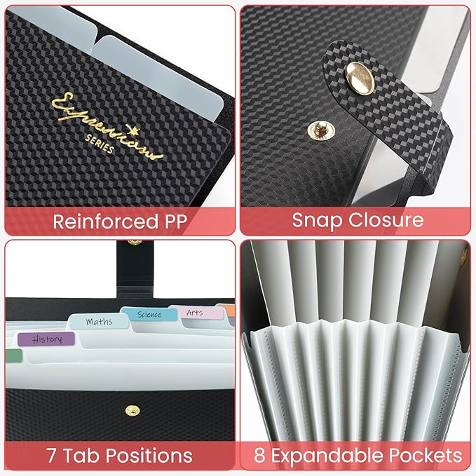 Sooez Accordion File Organizer, Letter Size Expanding File Folder with Labels, 8 Pocket Folders for Document, Portable Paper Bill Receipt Organizer for Home School Office Supplies, A4 Size, Grey