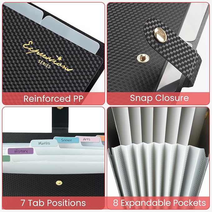 Sooez Accordion File Organizer, Letter Size Expanding File Folder with Labels, 8 Pocket Folders for Document, Portable Paper Bill Receipt Organizer for Home School Office Supplies, A4 Size, Pink