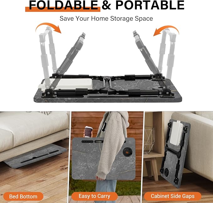 Lap Desk for Bed, Adjustable Laptop Desk with USB Charging Port, Storage Drawer & Bookshelf — Foldable Bed Desk for WFH & Students, 23.6" Desktop Fits 17" Laptop, Non-Slip, Deep Stone Texture