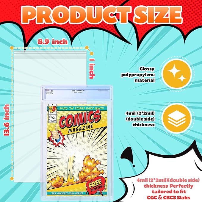 50 Pcs Resealable Graded Comic Book Bags,Clear Plastic Comic Sleeves for CGC and CBCS Slabs Collection Storage Protection