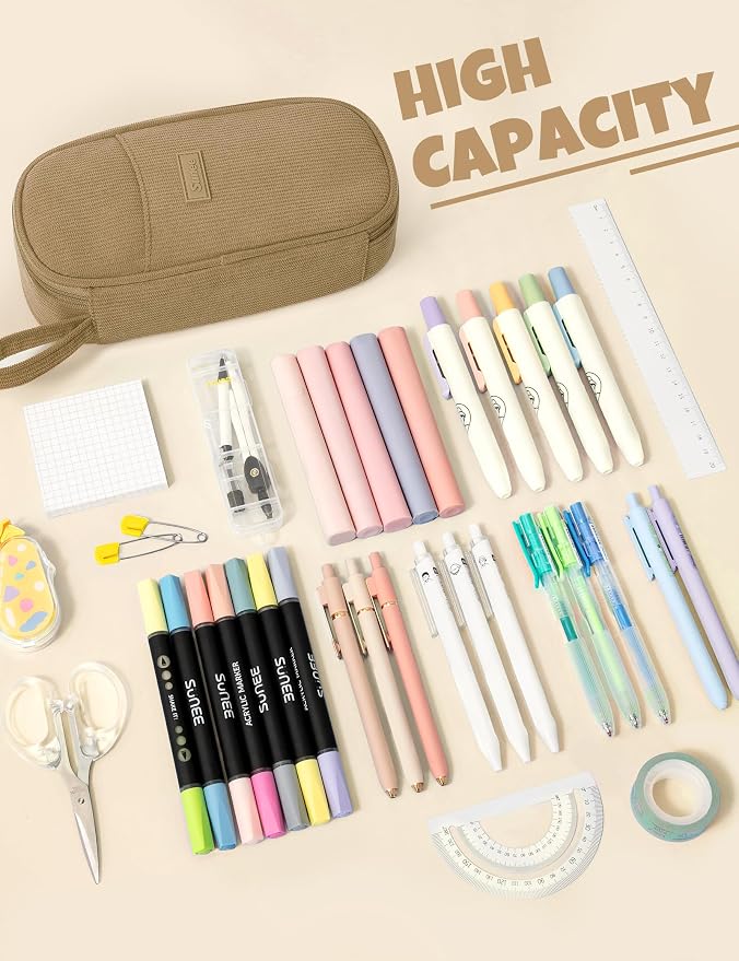 SUNEE Cute Pencil Case, Large Pencil Pouch, Soft Corduroy Fabric Big Pencil Bag with Zipper, Kawaii Pen Bag Stationery Storage and Organizer, School Supplies for Teen, Student, Boys, Girls, Khaki