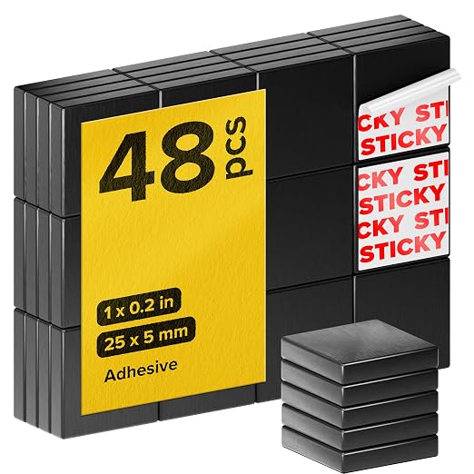 Strong Ceramic Square Magnets With Adhesive Backing (1x0.2"/25x5mm, 48 pcs) - Heavy Duty Sticky Magnets, Non-Corrosive, Versatile For Home, Office, Workshop, Whiteboard, Fridge And Hobby Use