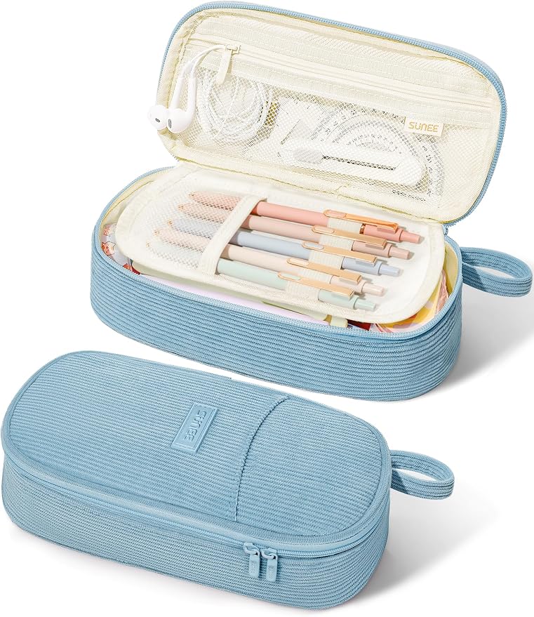 SUNEE Cute Pencil Case, Large Pencil Pouch, Aesthetic Big Pencil Bag with Zipper, Kawaii Stationery Storage and Organizer, School Supplies for Teen and Adult, Boys&Girls, Soft Corduroy Grey Blue