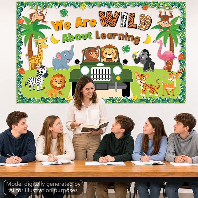Jungle Animals Bulletin Board Set Safari Jungle Classroom Decorations We are Wild About Learning Monkey Elephant Lion Truck Wild Paper Cutouts for Summer Back to School Chalkboard Window Wall Decor