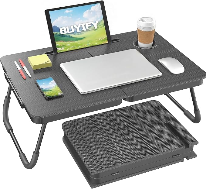 BUYIFY 23.4" Foldable Lap Desk Bed Table with Cup Holder Portable TrayBlack | Folds Flat for Easy Storage, No Assembly Laptop Bed Desk, Sturdy and Lightweight, Versatile for Work Eat Study, Patent Design