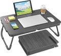 BUYIFY 23.4" Foldable Lap Desk Bed Table with Cup Holder Portable TrayBlack | Folds Flat for Easy Storage, No Assembly Laptop Bed Desk, Sturdy and Lightweight, Versatile for Work Eat Study, Patent Design