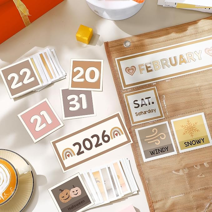 Sinload Classroom Calendar Pocket Chart Set Calendar Bulletin Board Set Seasons Festival Weather Pocket Chart for Classroom Decoration Back to School Supplies(Neutral Boho,Wood Color)
