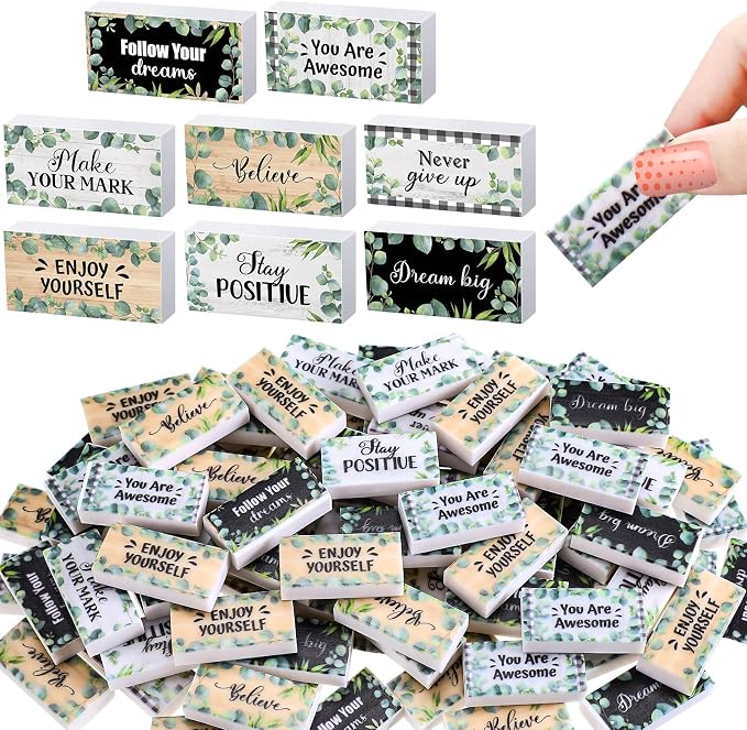 Dunzoom 100 Pcs Back to School Inspirational Pencil Erasers Bulk for Kids Fun Motivational Eraser School Office Supplies for Students Classroom Office Teacher Artists(Eucalyptus Leaf)