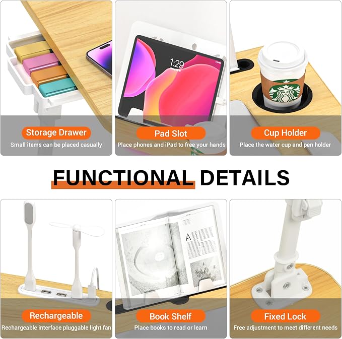 Lap Desk for Bed, Adjustable Laptop Desk with USB Charging Port, Storage Drawer & Bookshelf — Foldable Bed Desk for WFH & Students, 23.6" Desktop Fits 22" Laptop, Non-Slip, Wood