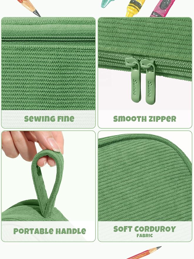 SUNEE Cute Pencil Case, Large Pencil Pouch, Soft Corduroy Fabric Big Pencil Bag with Zipper, Kawaii Pen Bag Stationery Storage and Organizer, School Supplies for Teen, Student, Boys, Girls, Soft Green