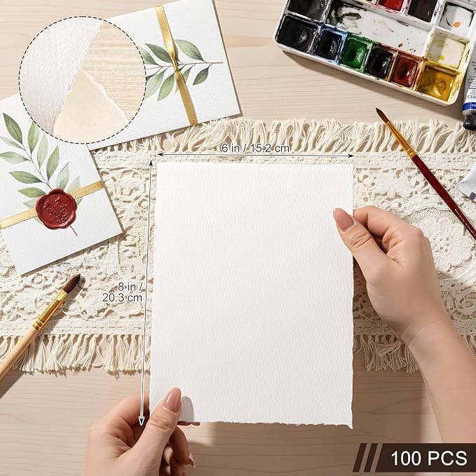100 Sheets Deckled Edge Paper 6x8 inches, 160 GSM Handmade Paper, Rough/Textured Watercolor Paper for Wedding Invitations, Greeting Cards, Handmade Crafts, Easter Gifts Cards for Beginner Artists