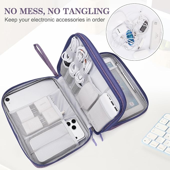 FYY Electronic Organizer, Extra Large Travel Cable Organizer Bag Pouch Portable Waterproof Double Layers All-in-One Storage Bag for iPad, Cable, Power Bank, Laptop Charger for Office/Home, Dark Purple