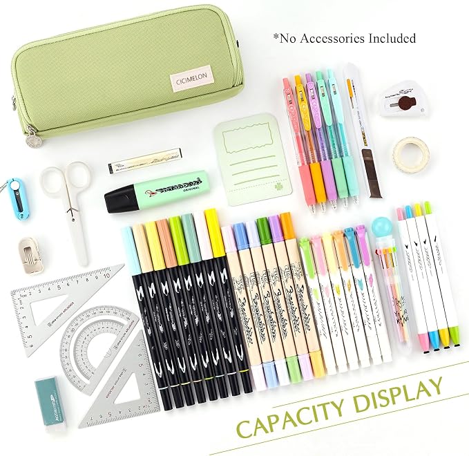 CICIMELON Large Capacity Pencil Case 3 Compartment Pouch Pen Bag for School Teen Girl Boy Men Women (Green)